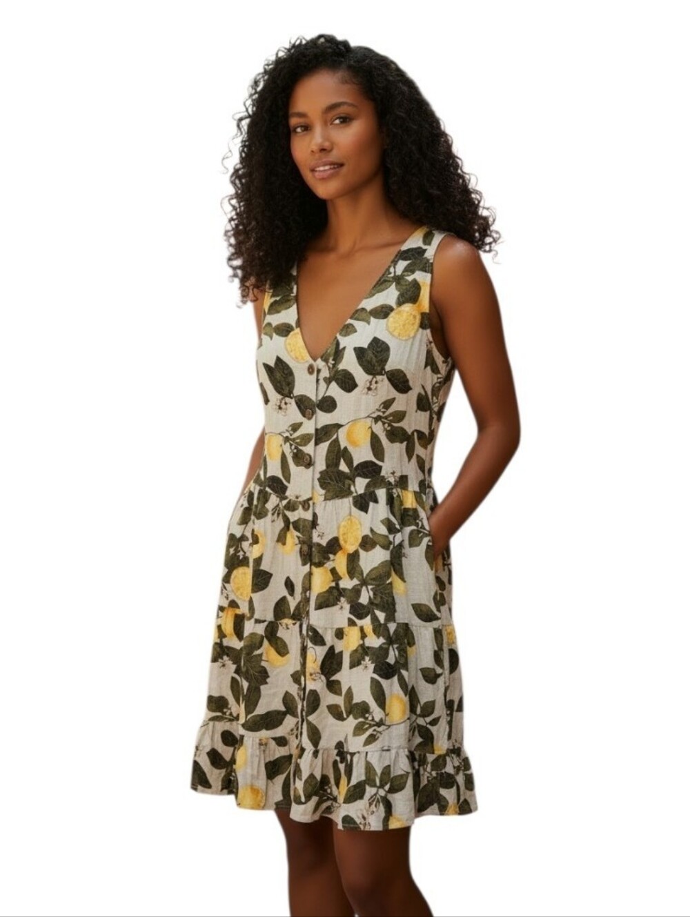 Cleo Blue Linen Blend V-neck Sleeveless Buttondown Lemon Print Dress Pockets M/L